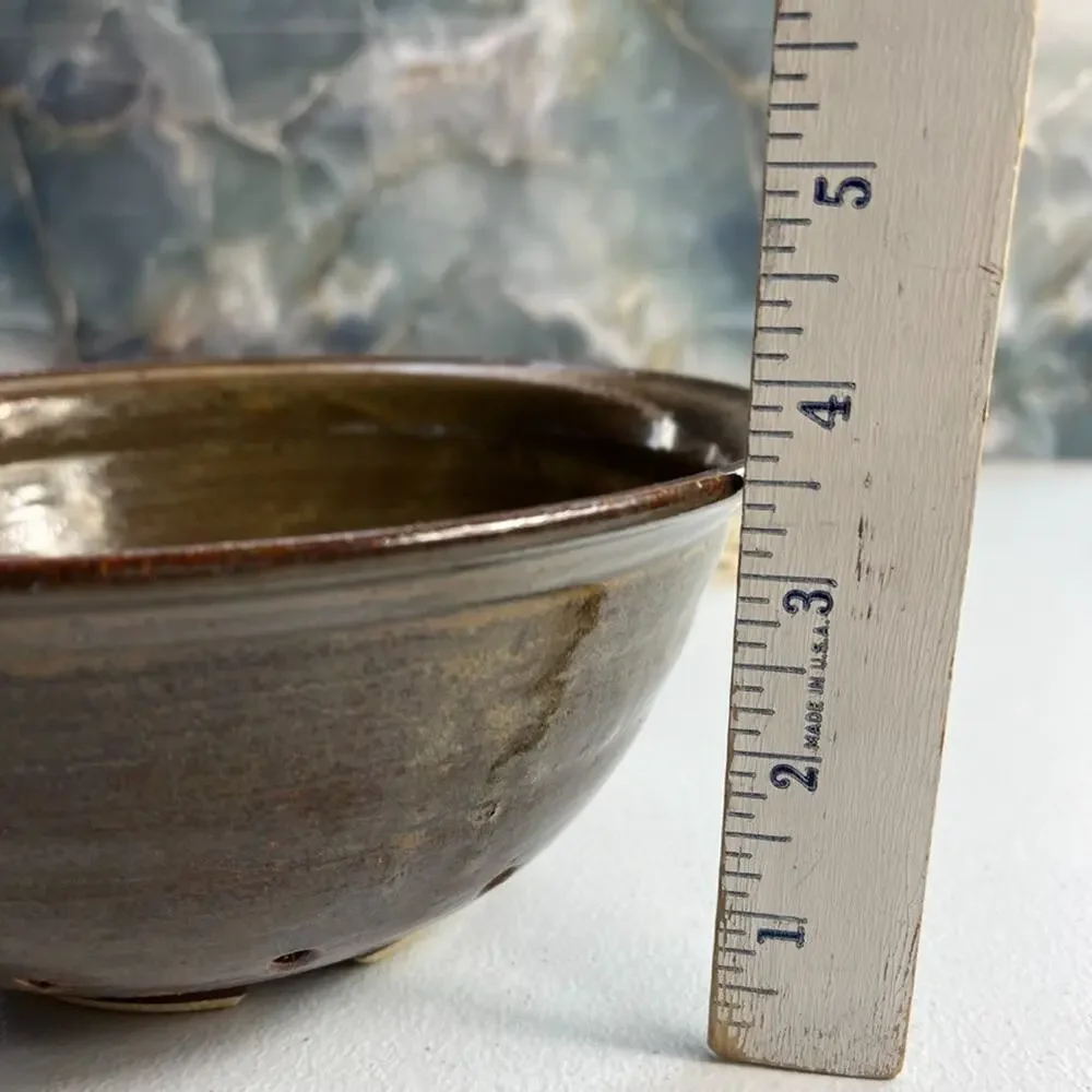 Studio Art Colander 8.5 in Stoneware Green Brown Rim Swirl Glazed Earth Toned
